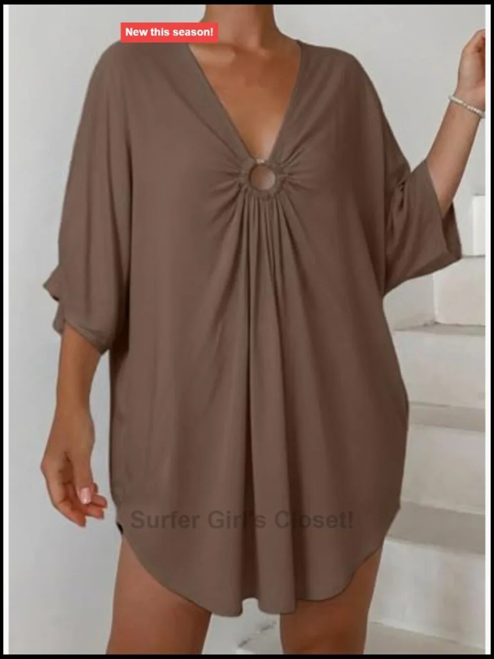 Sheer Batwing Sleeves Beach Cover Up V Neck O Ring Tunic Dress